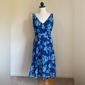 Evan Picone Fit & Flare Blue Floral Sleeveless Midi Dress Size 14P